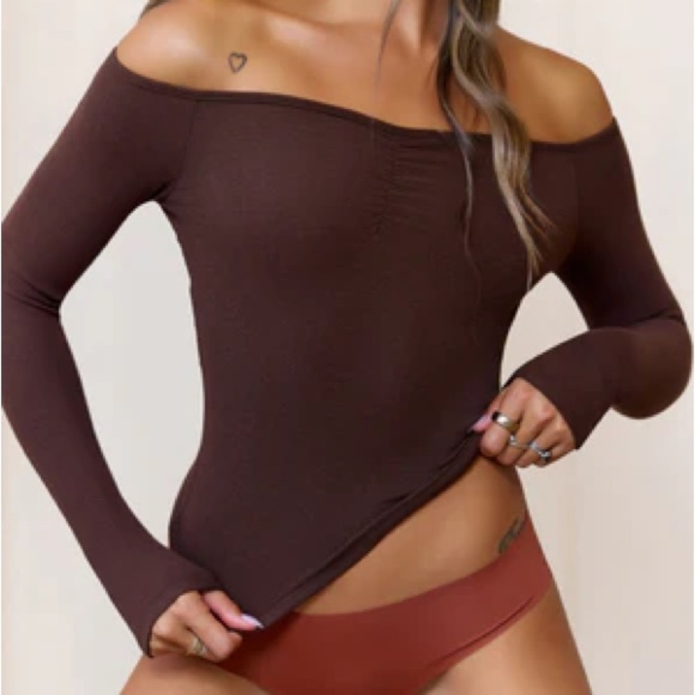 Hello Molly BASE Luxe Rib Pure Comfort Off Shoulder Long Sleeve Top Chocolate